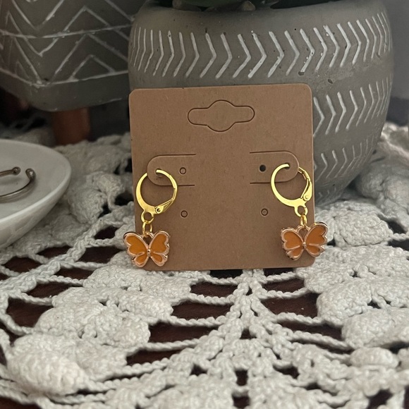 *3 for $20* Orange and Gold Enamel Butterfly Huggie Hoop Earrings - Picture 2 of 5